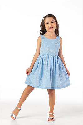 Vestido infantil menina algodão texturizado floral azul