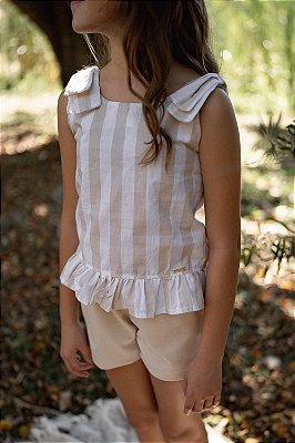 Conjunto verão infantil menina laço ombro babado listrado bege