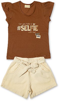 Conjunto verão infantil menina estampa glitter algodão marrom nutella