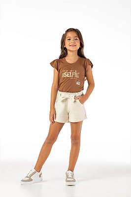 Conjunto verão infantil menina estampa glitter algodão marrom nutella