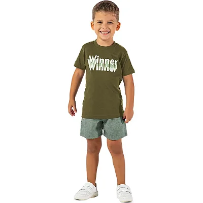 Conjunto infantil menino estampado algodão verde militar