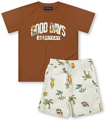 Conjunto infantil menino verão estampado algodão marrom