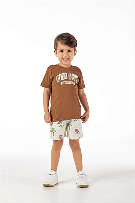 Conjunto infantil menino verão estampado algodão marrom