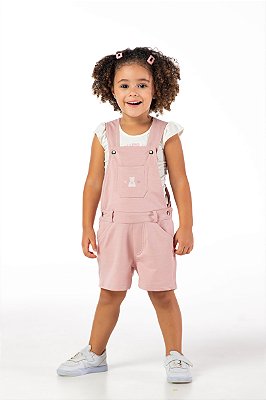 Jardineira infantil menina ursinho moletinho rose