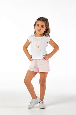 Conjunto infantil menina ursinho bordado algodão rosa