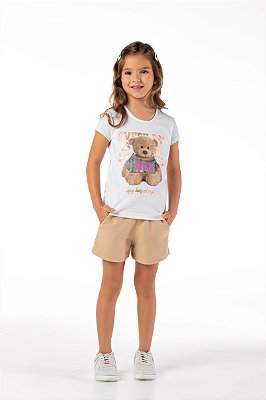 Conjunto infantil menina estampa urso algodão branco