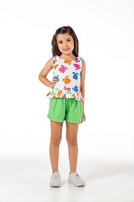 Conjunto infantil menina tulipas com laço e babado algodão verde