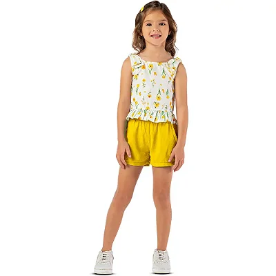Conjunto infantil menina margarida laço algodão amarelo