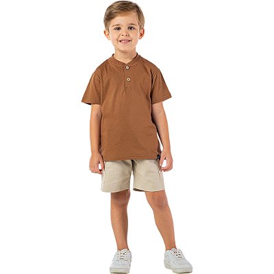 Camiseta polo infantil menino botões gola portuguesa marrom