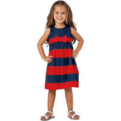 Vestido infantil menina listrado com laço algodão vermelho
