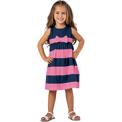 Vestido infantil menina listrado com laço algodão rosa