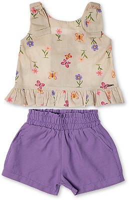 Conjunto infantil menina estampado algodão laço lilás