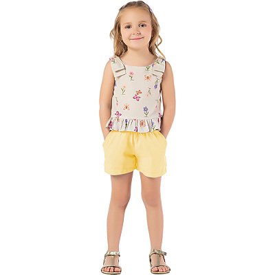 Conjunto infantil menina estampado algodão laço amarelo
