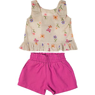 Conjunto infantil menina estampado algodão laço pink