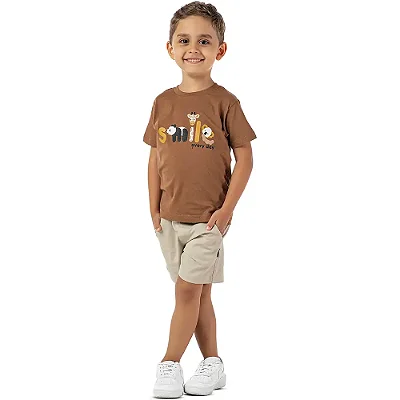 Conjunto infantil menino smile bichinhos algodão marrom