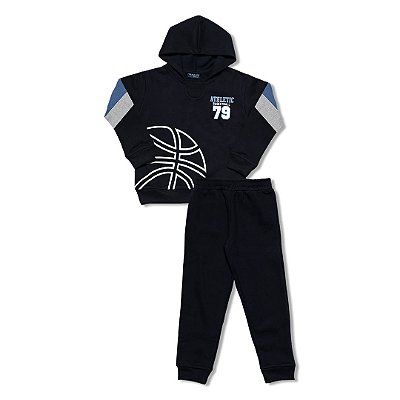Conjunto Moletom Infantil Menino Basketball 79 com Capuz Preto