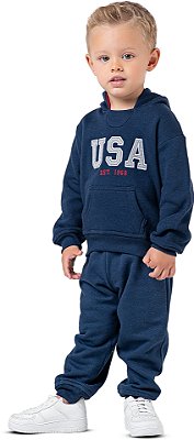 Conjunto Moletom Infantil Menino USA com Capuz Marinho