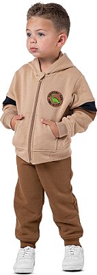 Conjunto Moletom Infantil Menino com Capuz Zíper Dino Bege