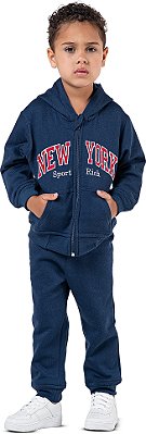 Conjunto Moletom Infantil Menino New York com Capuz Zíper Marinho