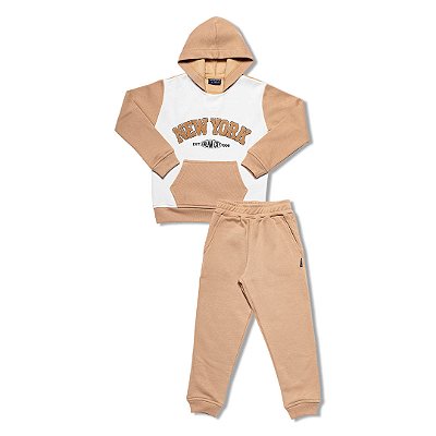 Conjunto Moletom Infantil Menino New York Bicolor com Capuz Off White