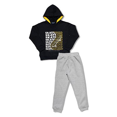 Conjunto Moletom Infantil Menino Skateboard com Capuz Preto