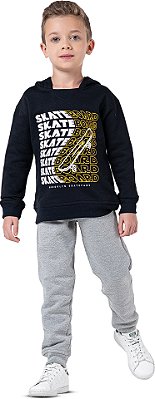 Conjunto Moletom Infantil Menino Skateboard com Capuz Preto