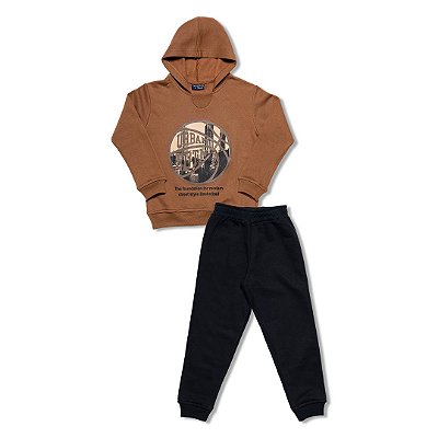 Conjunto Moletom Infantil Menino Urban Street com Capuz Marrom
