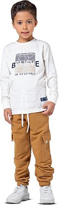 Camiseta Infantil Menino Algodão Believe Manga Longa Off White