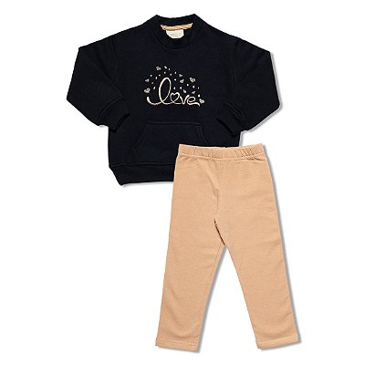 Conjunto Moletom Infantil Menina Love com Bolso Preto