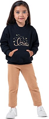 Conjunto Moletom Infantil Menina Love com Bolso Preto