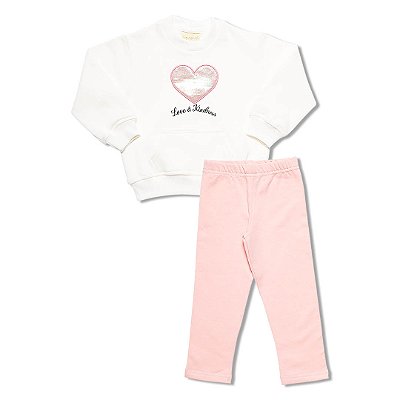 Conjunto Moletom Menina Love Coração Off White
