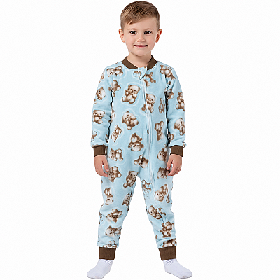 Pijama Macacão Soft Ursinho com Zíper Azul