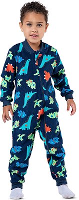 Pijama Macacão Infantil Menino Soft Dinossauro com Zíper Marinho