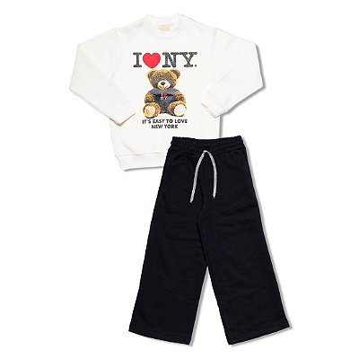 Conjunto Moletom Infantil Menina I Love NY Ursinho Wide Leg Off White