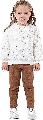 Conjunto Moletom Infantil Menina Peludinho com Brilho Off white