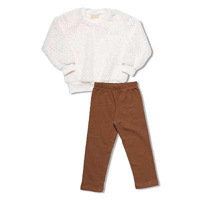 Conjunto Moletom Infantil Menina Peludinho com Brilho Off white