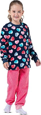 Pijama Infantil menina conjunto Soft Corações marinho