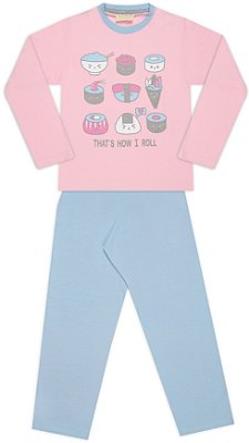Pijama tamanho 4 a 16 em meia malha 100% algodao- COR ROSA COM AZUL CLARO