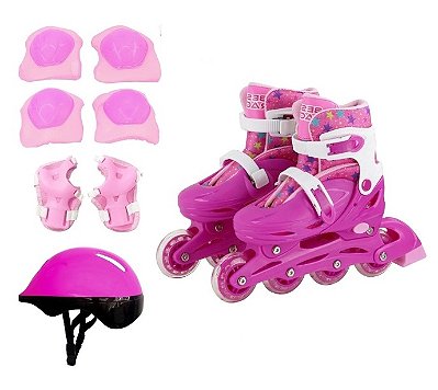 Kit Patins 4 Rodas 2 em 1 Ajustável 32/35 Rosa R2943 - BBR Toys