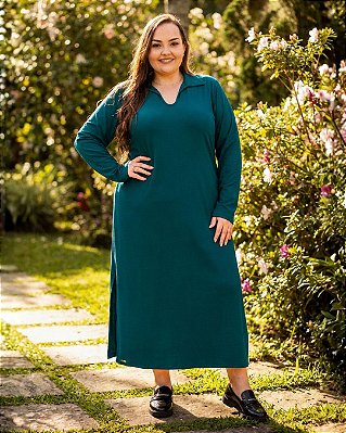 Vestido Midi Feminina de Malha Canelada Catarina com Gola - Ref 77.306