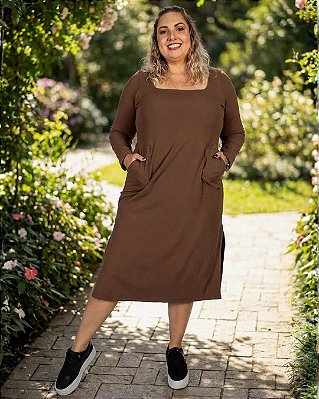Vestido Midi de Malha Canelada Térmica com Bolso Quadrado - Ref 77.320