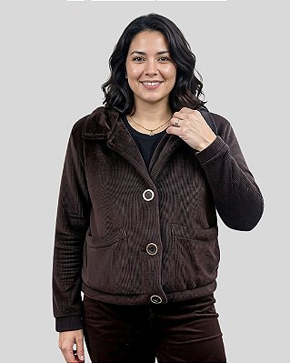 Jaqueta Curta Feminina de Malha Dublada Veludo com Botões - Ref 77.419