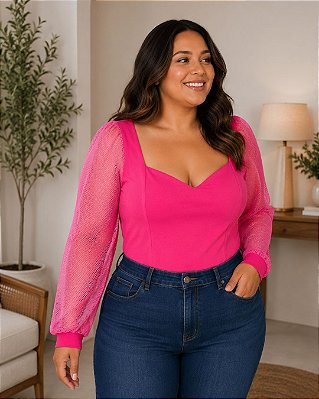 Blusa Fem. Mista de Viscolycra Lisa com Tela Glamour nas Mangas - Ref 75.22
