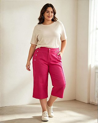 Calça Feminina Pantacourt De Linho Com Botões Nas Laterais Ref 72.101