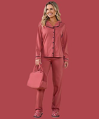 Pijama liso modelo americano com botão cor goiaba