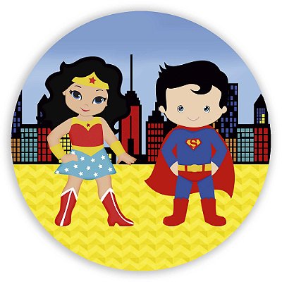 Painel Redondo - Mulher Maravilha e Super Homem Cute - Sublimado 3D