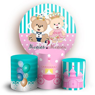 KIT Redondo e Trio - Príncipe Urso e Ursa (Chá Revelação) - Sublimado 3D