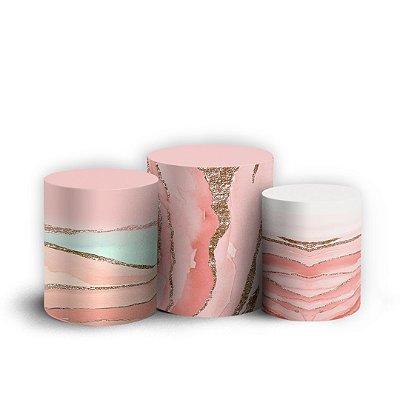 Trio Cilindro - Mármore Glitter Rosa - Sublimado 3D + Elástico