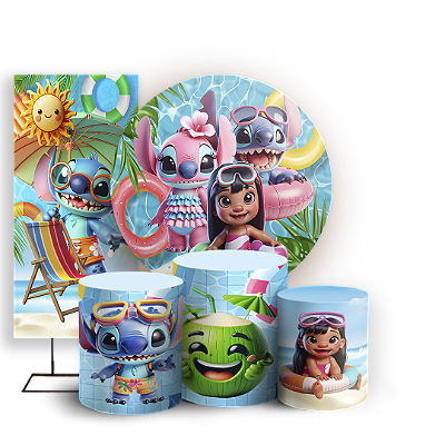 KIT Redondo Trio e Faixa - Stitch Pool Party - Sublimado 3D