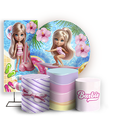 KIT Redondo Trio e Faixa - Barbie Pool Party - Sublimado 3D